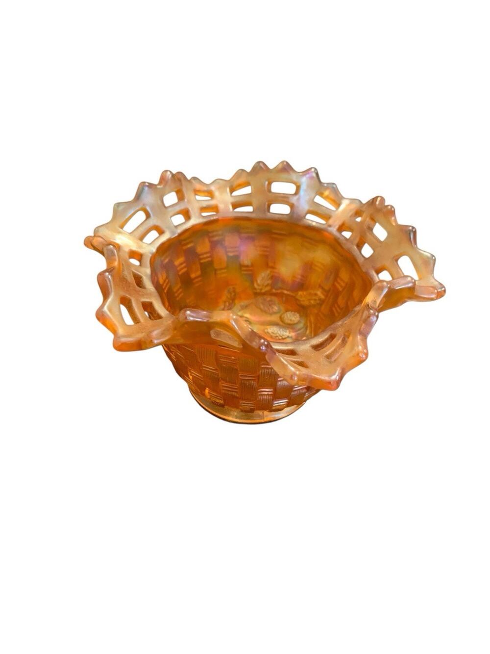 Vtg Fenton Ruffled Pierced Edge Basketweave Marigold Carnival Glass Candy Dish